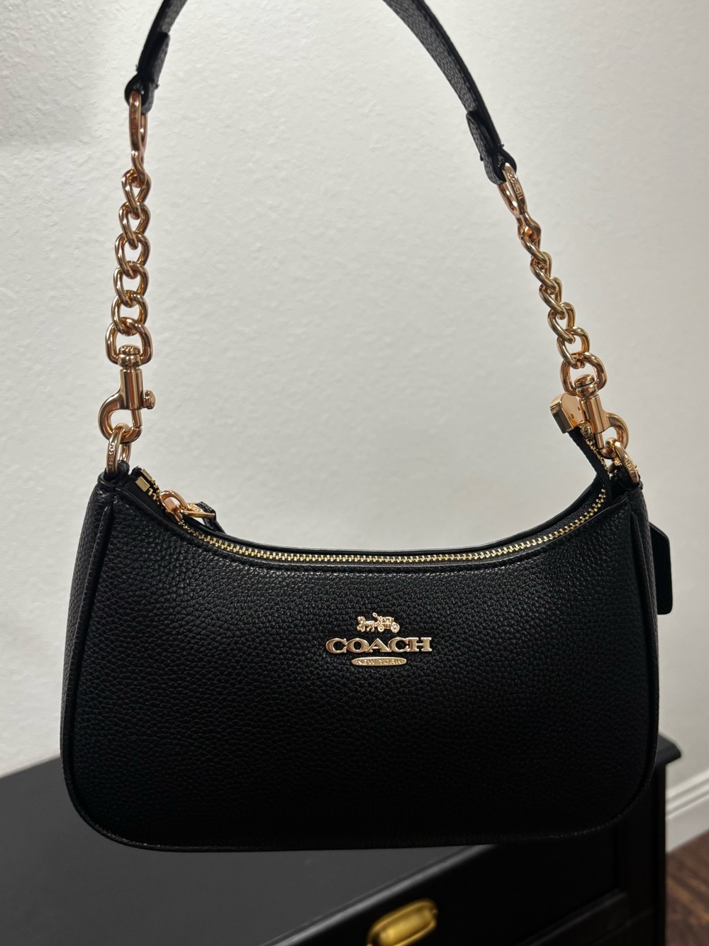 Coach Black Teri Shoulder Bag with Gold Chain Accents NWOT